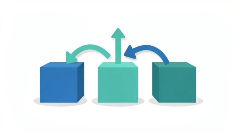 Simple diagram of three force arrows pushing boxes of different sizes, clean concept, no people, no text