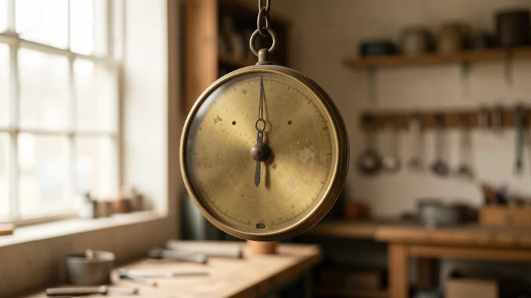 Brass hanging spring scale with a plain dial in a workshop