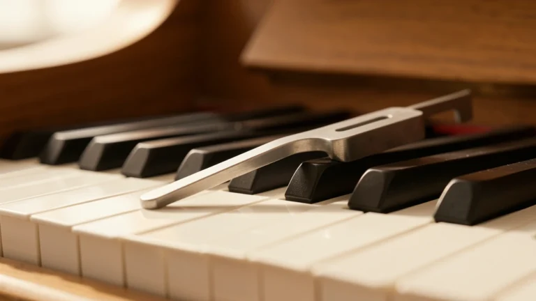 A steel tuning fork resting on the keys of an acoustic piano in warm light