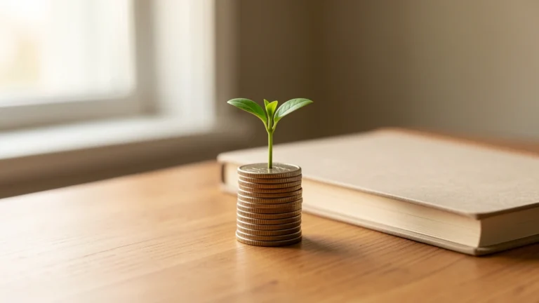 A small green seedling growing from a short stack of coins beside a closed book on a wooden desk