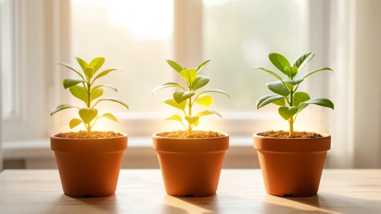 A small plant illustrated growing across three gentle stages, from a single sprout to a fuller leafy plant, next to soft food-shaped icons, no text, no real person's face