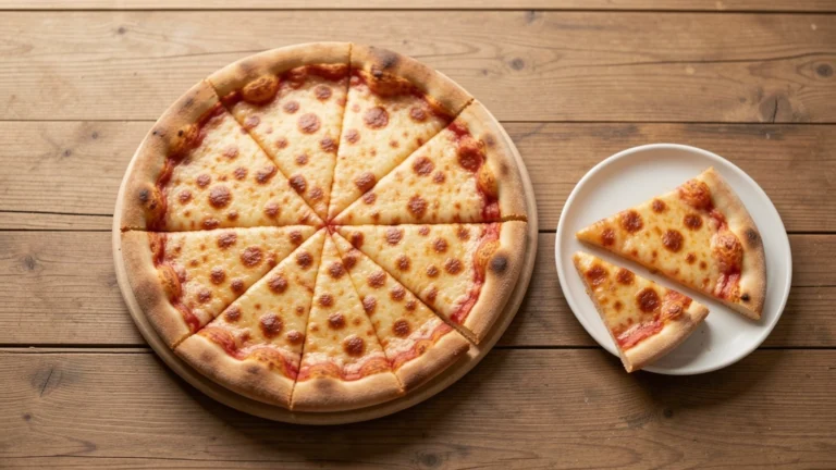 Pizza cut into slices with two slices set aside on a small plate
