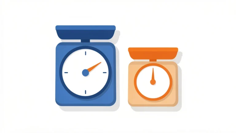A kitchen scale and a shipping scale side by side showing the same weight, clean flat icon style, no people, no text