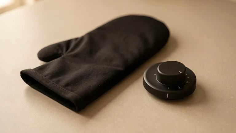 A stainless steel oven dial and a small kitchen thermometer resting on a wooden countertop, no text, no numbers, no real person's hands or face