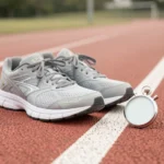 A pair of running shoes beside a simple stopwatch with a blank face on an outdoor track lane