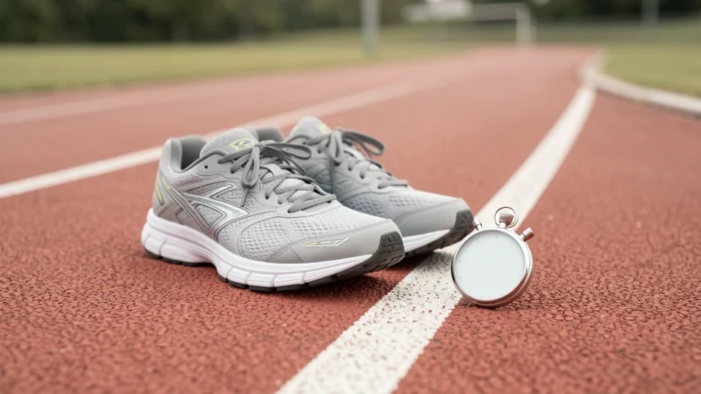 A pair of running shoes beside a simple stopwatch with a blank face on an outdoor track lane