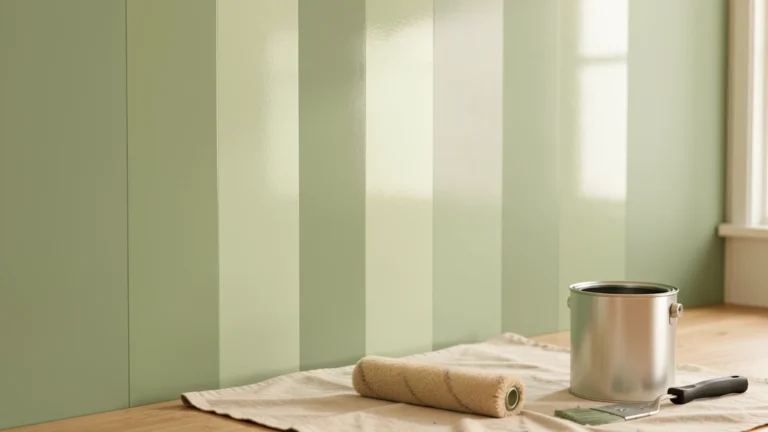 Five painted sample boards in the same color arranged from flat to high gloss, catching window light at different strengths, no people present