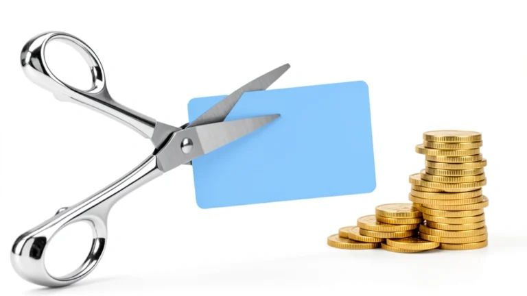 Scissors cutting through a credit card beside a shrinking stack of bills, representing paying off credit card debt fast