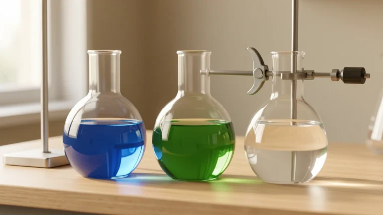 Three round-bottom lab flasks with blue, green and clear liquid on a lab bench