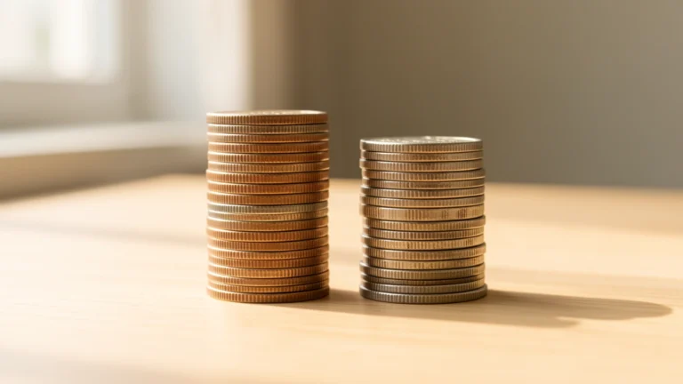 Two stacks of coins of different heights side by side on a light wooden surface in soft daylight