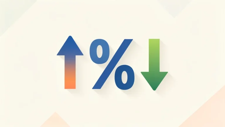 Colorful flat illustration of an upward arrow and a downward arrow beside a percent symbol, clean concept, no people, no text