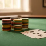 Stacks of poker chips and two playing cards on a green felt table