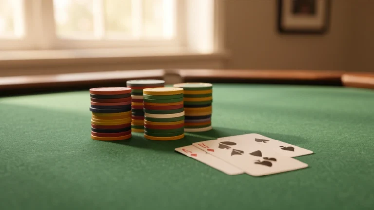 Stacks of poker chips and two playing cards on a green felt table