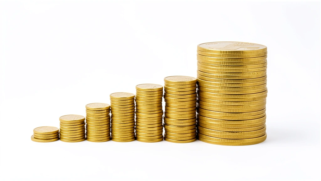 Three stacks of coins of different heights merging into one level middle stack, representing shares bought at different prices averaged into one cost per share, no text in image