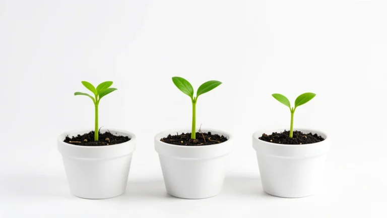 Three small growing plant sprouts of increasing size on a soft background, representing the three trimesters of pregnancy as stages of growth