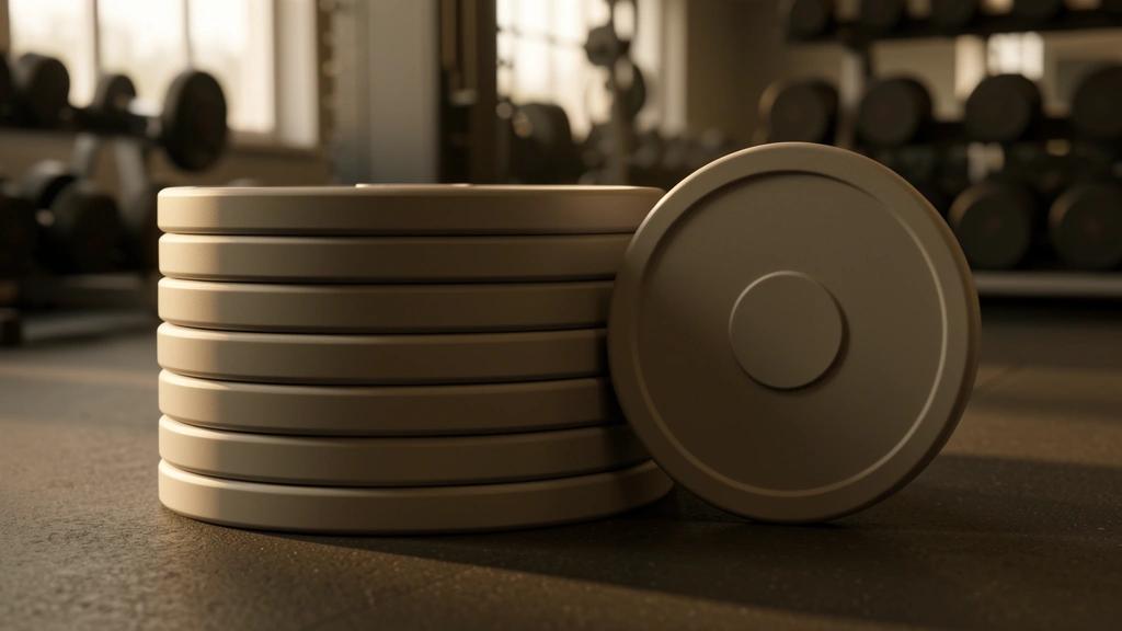 A neat row of round barbell weight plates arranged in ascending size from left to right on a plain surface, with the rightmost plate set slightly ahead of the row, suggesting one small step of gradual increase, photorealistic editorial still-life style, no text, numbers, or percentages, no faces or people.