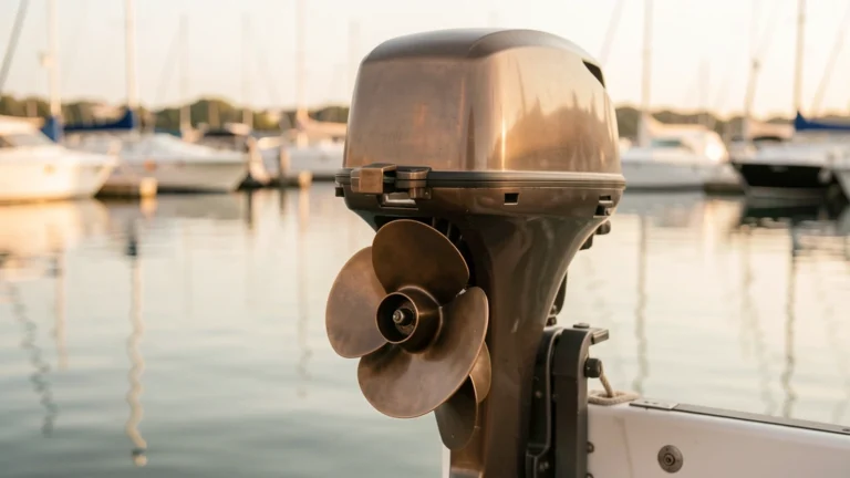 Bronze propeller on an outboard motor above calm marina water