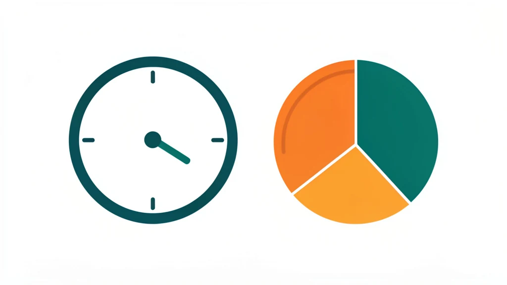A clock face beside a plate divided into small even protein portions, clean flat concept, no people, no text