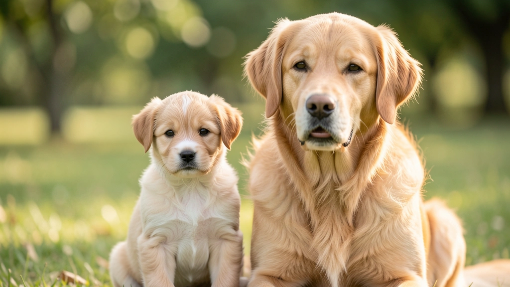 A row of puppy silhouettes of different breed sizes growing into adult dog outlines, with a parent dog silhouette beside them, no text, no real faces