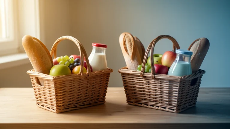 Two identical grocery baskets of bread, fruit and milk side by side on a table