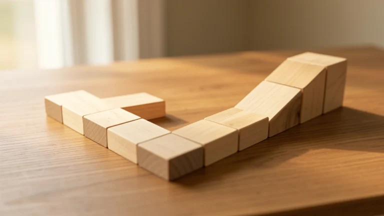 Two diverging wooden paths made of blocks, one short path leading to a small wooden block and one longer path leading to a taller wooden block, suggesting a raise versus a promotion, no text in image, no real person's face
