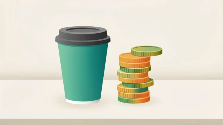 Stacked coins rising beside a takeaway coffee cup on a clean desk, illustrating money saved, no people, no text