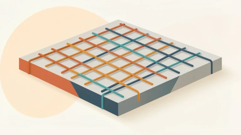 Grid of steel reinforcing bars laid over a concrete slab form, evenly spaced, clean construction concept
