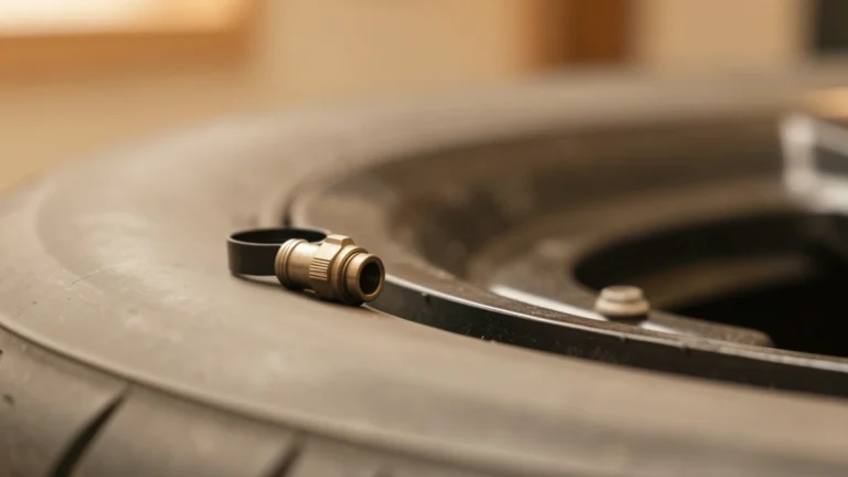 A tire pressure gauge resting against the side of a car tire on a plain neutral surface, suggesting careful routine pressure checking, no readable gauge numbers or dial markings, no text, no people or faces, simple photorealistic editorial still-life style