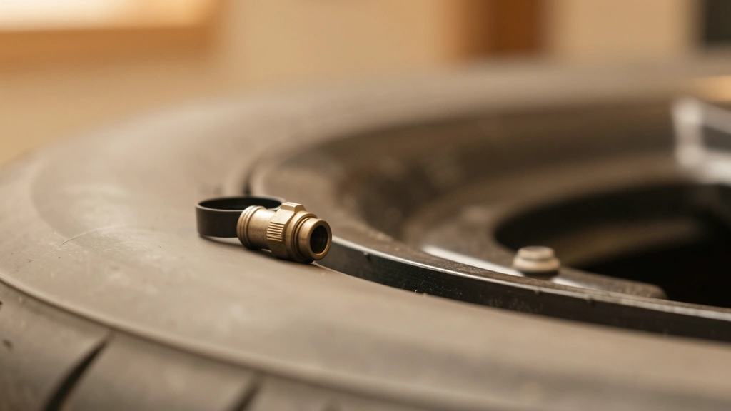 A tire pressure gauge resting against the side of a car tire on a plain neutral surface, suggesting careful routine pressure checking, no readable gauge numbers or dial markings, no text, no people or faces, simple photorealistic editorial still-life style