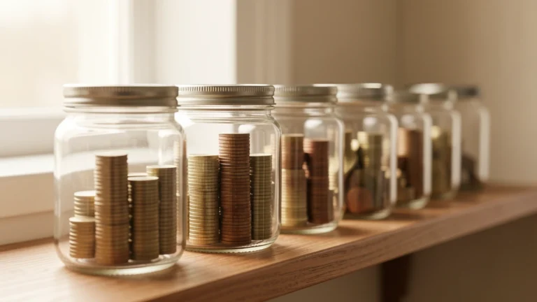 Row of glass jars holding growing stacks of coins on a wooden shelf