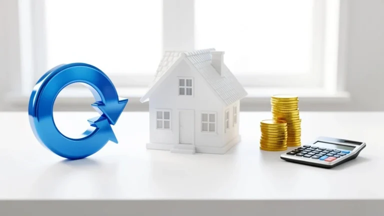 Miniature house with a refresh arrow on one side and a calculator with gold coins on the other, representing refinancing versus recasting