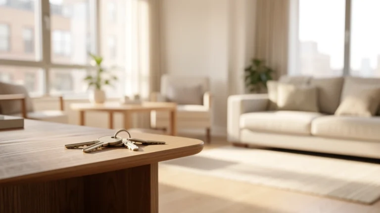 Bright empty living room with a set of house keys on a wooden side table