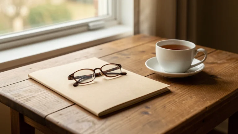Reading glasses on a plain folder beside a cup of tea on a wooden table by a window