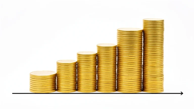 Two return figures compared over a time axis: one tall total-gain bar beside a lower steady yearly-rate line, representing total ROI versus annualized return, no text-in-image concept.