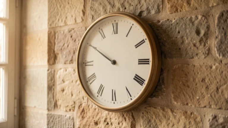 An analog wall clock with roman numerals on an old stone wall