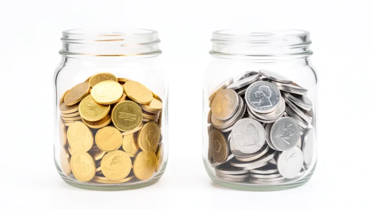 Two labeled retirement savings jars side by side, one marked taxed now and one marked taxed later, representing a Roth IRA versus a traditional IRA, no text-in-image