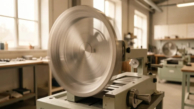 Metal flywheel spinning with motion blur on a workshop machine