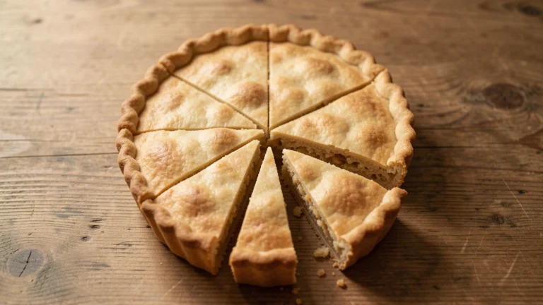 Round pie cut into slices with one thin slice pulled out