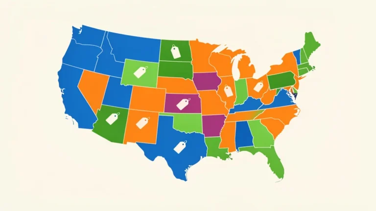Colorful flat illustration of US state map tiles with percent price tags showing varying combined sales tax rates