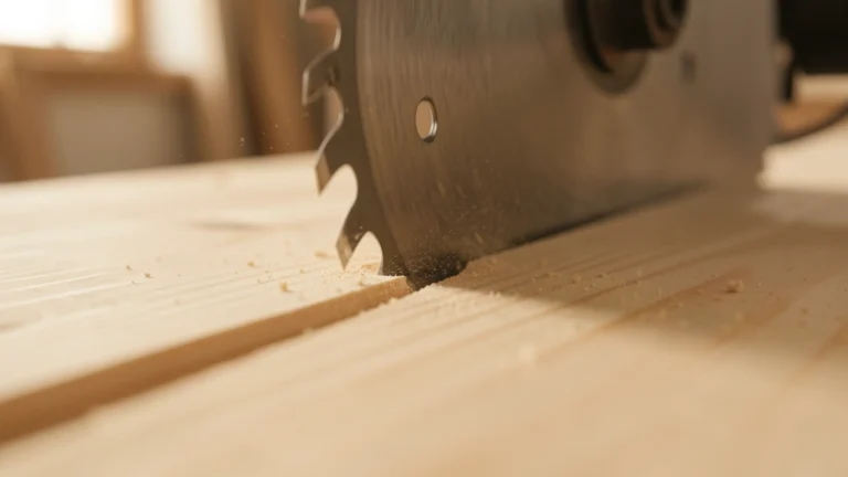 Close view of a table saw blade partway through a pine board, with a thin line of sawdust along the narrow cut