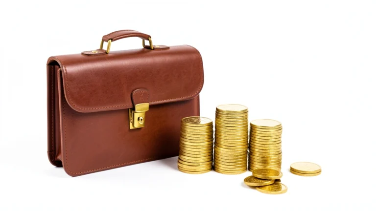 A briefcase beside a stack of gold coins with one slice lifted away, representing self-employment tax taken from earnings, no text in image