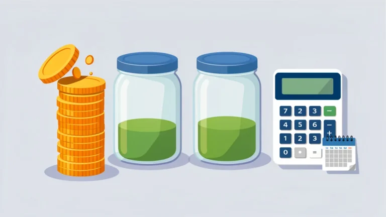 Flat illustration of coins split into two tax jars beside a calculator and quarterly calendar, clean finance concept