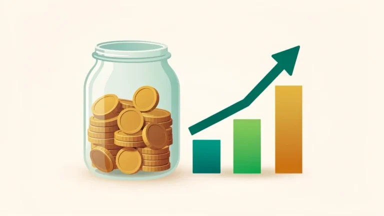 Glass jar filling with coins beside a rising progress bar, symbolizing a monthly savings goal plan, no people, no text
