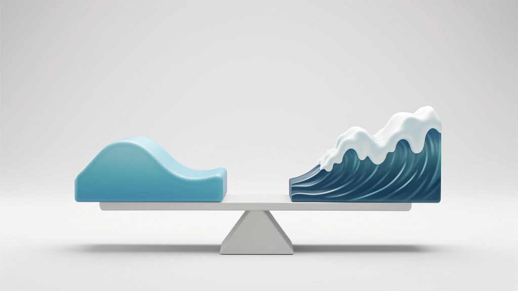 A calm narrow wavy line and a wild wide wavy line both reaching the same height, with a small balance scale motif suggesting reward weighed against risk, no text, no numbers, no real person