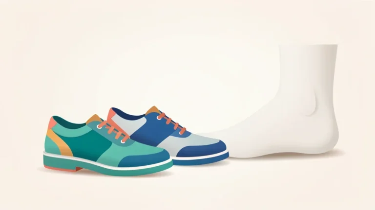 Flat-lay of three shoes beside a ruler and aligned US, UK, and EU size chart columns, no people, no text