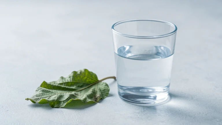 A clear glass of water next to a small potted plant on a plain kitchen counter, soft daylight, no text, no numbers, no real person's hands or face