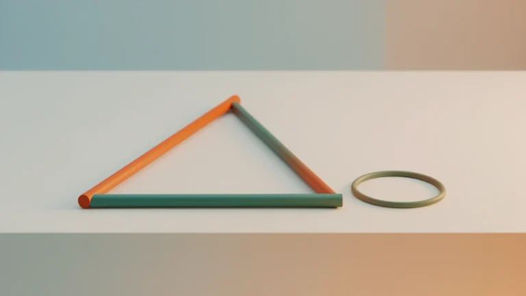 A flat right triangle made of three colored rods lying on a light desk beside a thin circular ring