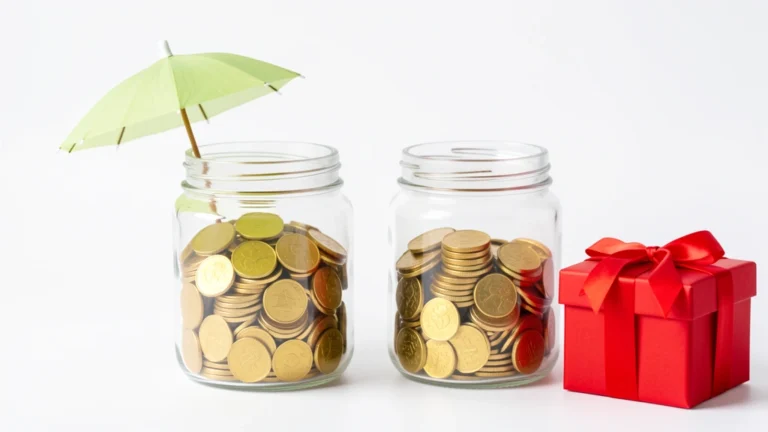 Two labeled glass jars filled with coins side by side, one jar set aside for planned savings and one kept ready for emergencies, no text in the image