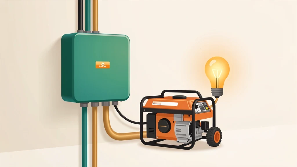 Home backup battery unit and portable generator beside glowing essential appliances during a power outage, clean concept