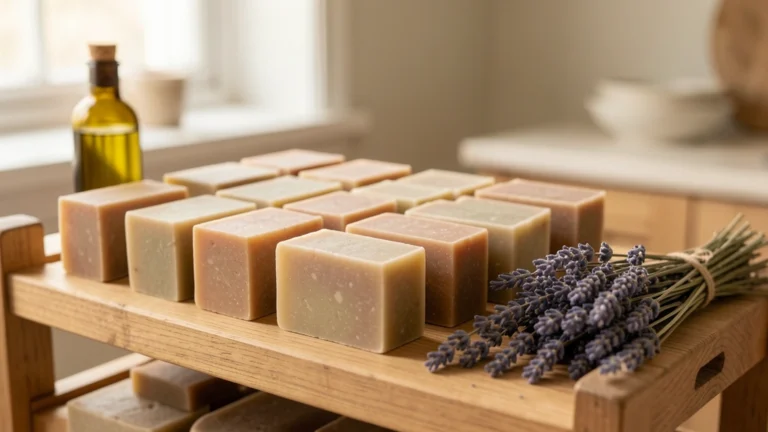 Handmade soap bars curing on a wooden rack with olive oil and dried lavender